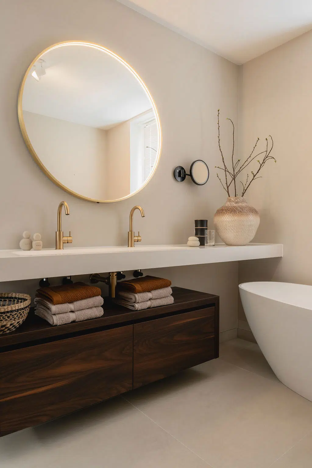 Impressie van een luxe badkamer met gestucte wanden, kranen in geborsteld messing, notenhout badkamermeubel en ronde spiegel.