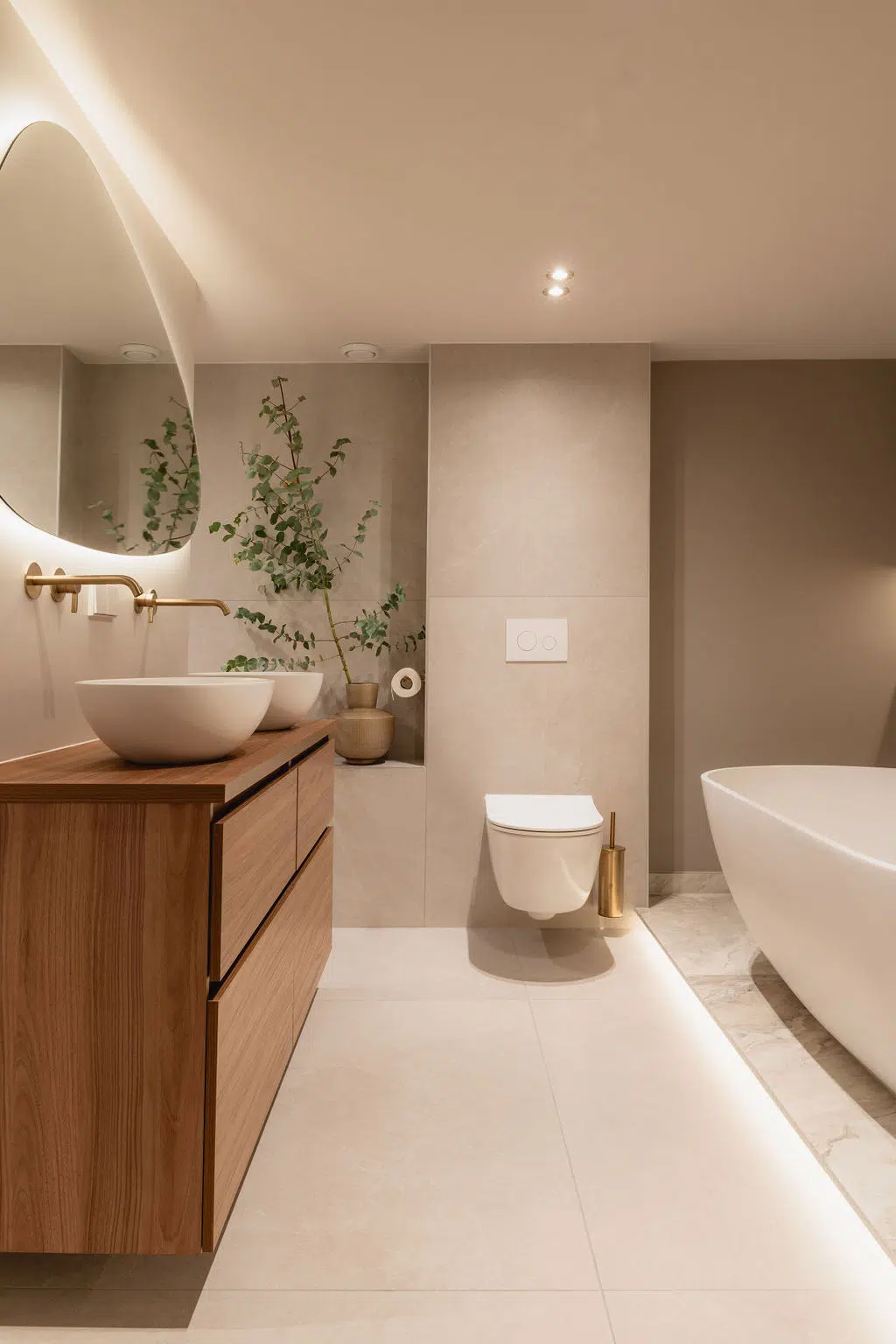 Impressie van een luxe badkamer met hangend toilet, organische led badkamerspiegel, bad op verhoging, gestucte wanden en natuursteenlook tegels.