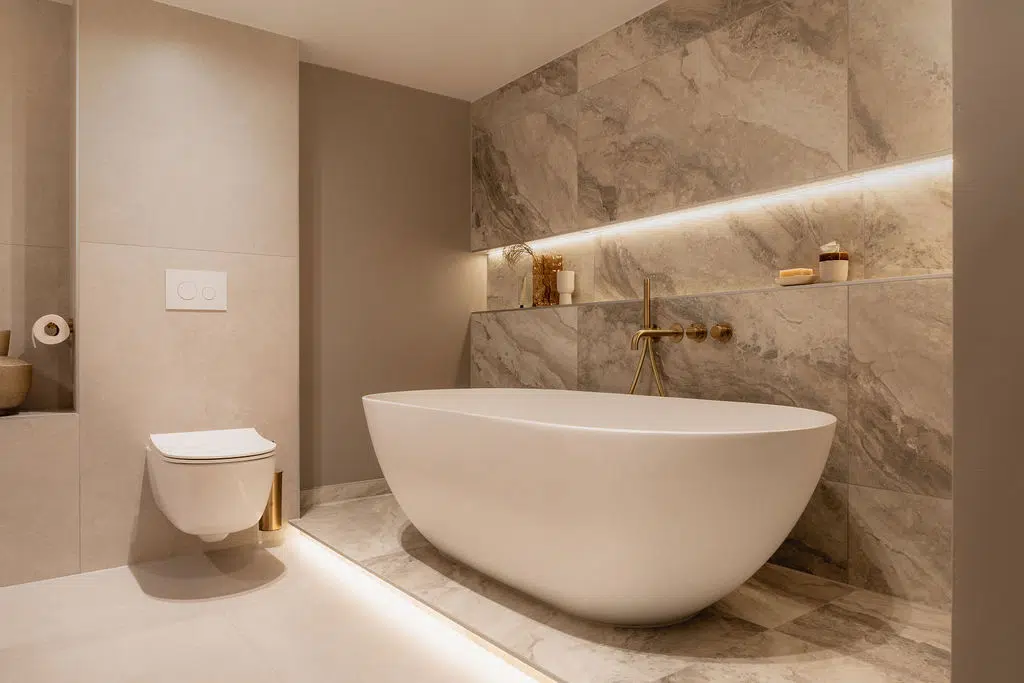 Impressie van een luxe badkamer met bad en geborsteld messing kraan, op een verhoging van marmerlook tegels. Deze tegels lopen door op de wand naast het bad. De wand heeft een nis met led licht. Het led licht komt ook terug onder de verhoging.